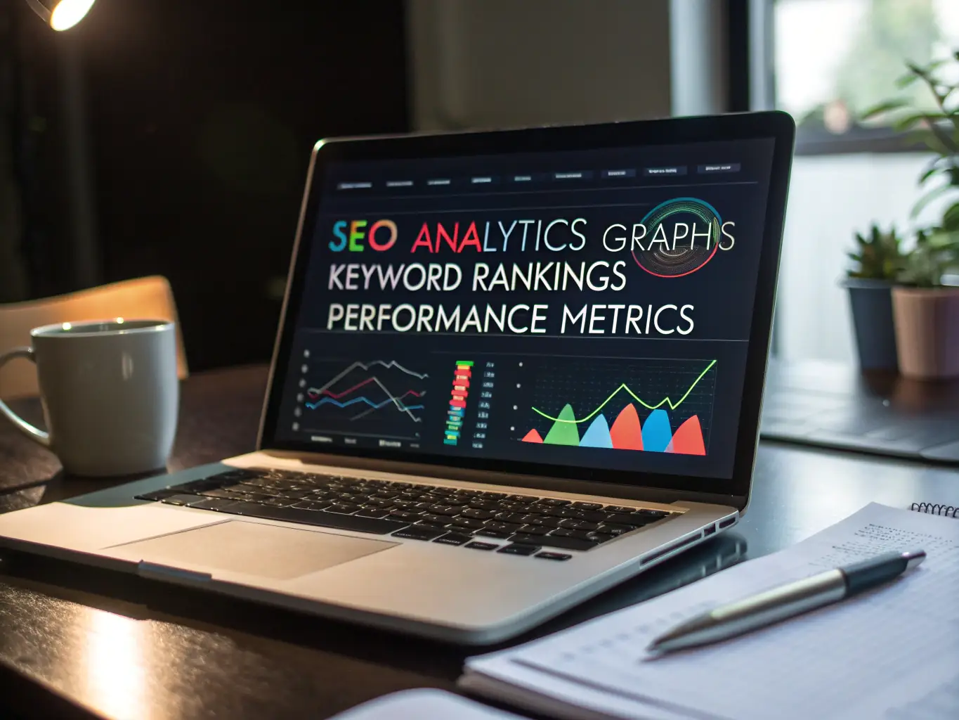 A professional workspace featuring a laptop displaying SEO analytics, surrounded by marketing-related documents and tools, symbolizing strategic SEO implementation.