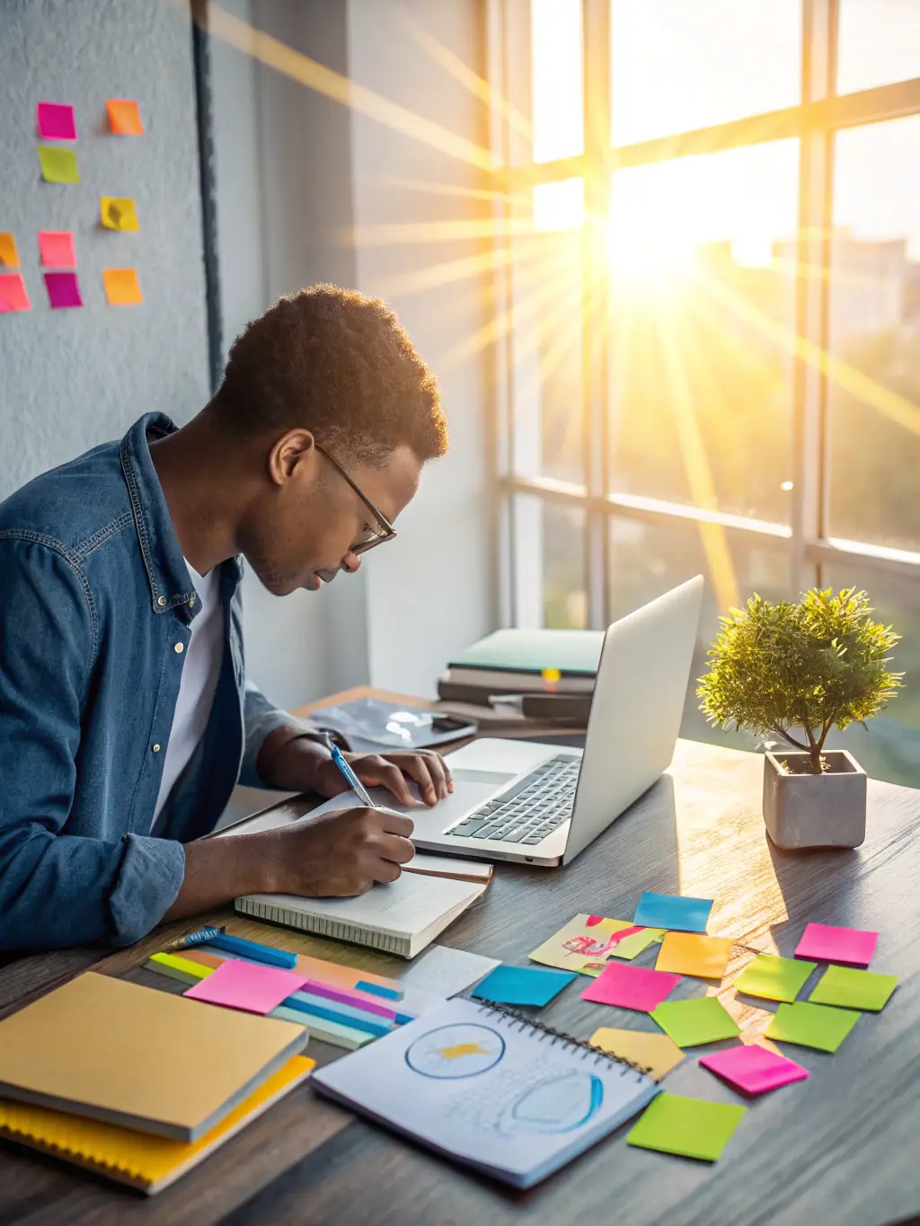 A person writing on a notepad surrounded by content planning tools, illustrating the strategic approach to content creation for Mahfuzur Rahman's content strategy service.