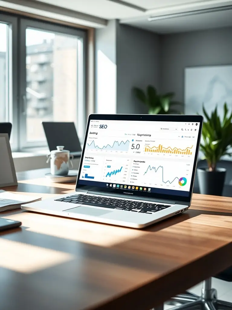 A professional workspace with SEO tools displayed on a computer screen, showcasing keyword research and website analytics for Mahfuzur Rahman's SEO service.